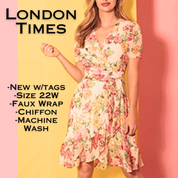 NEW London Times Faux Wrap Dress Size 22W Floral Chiffon Short Sleeve Pink Coral - Picture 1 of 12